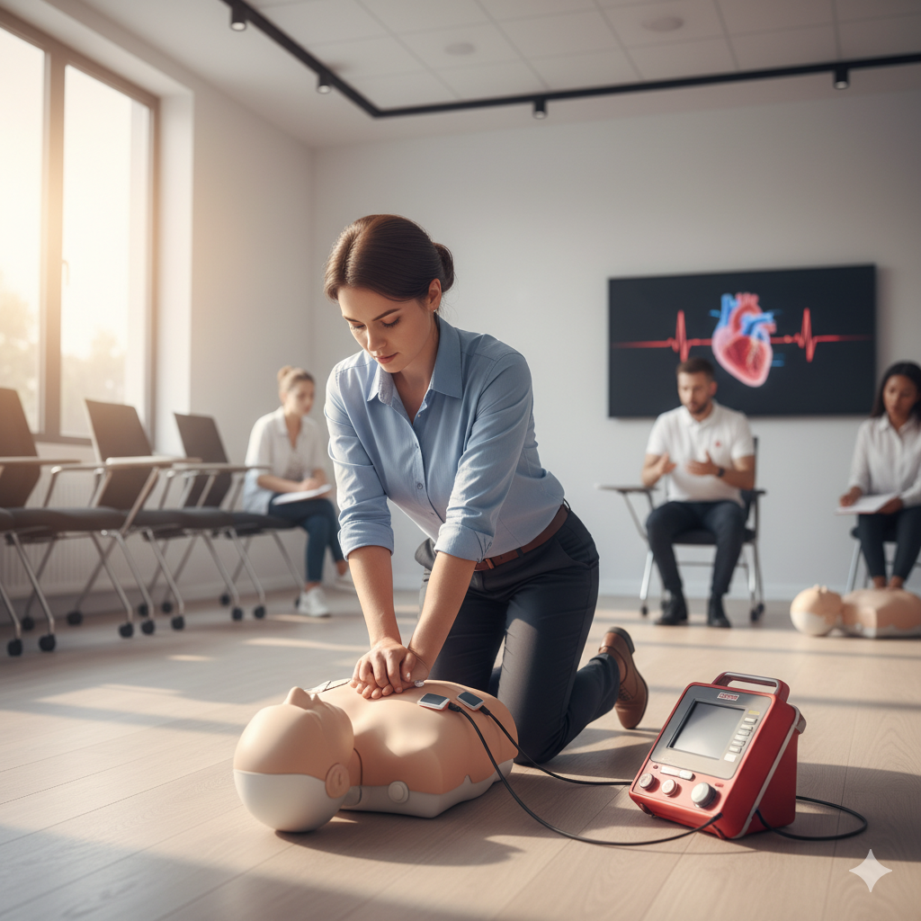 Un salarié pratique la RCP sur un mannequin lors d’une formation SST à Bordeaux, guidé par un formateur certifié INRS dans une salle lumineuse.