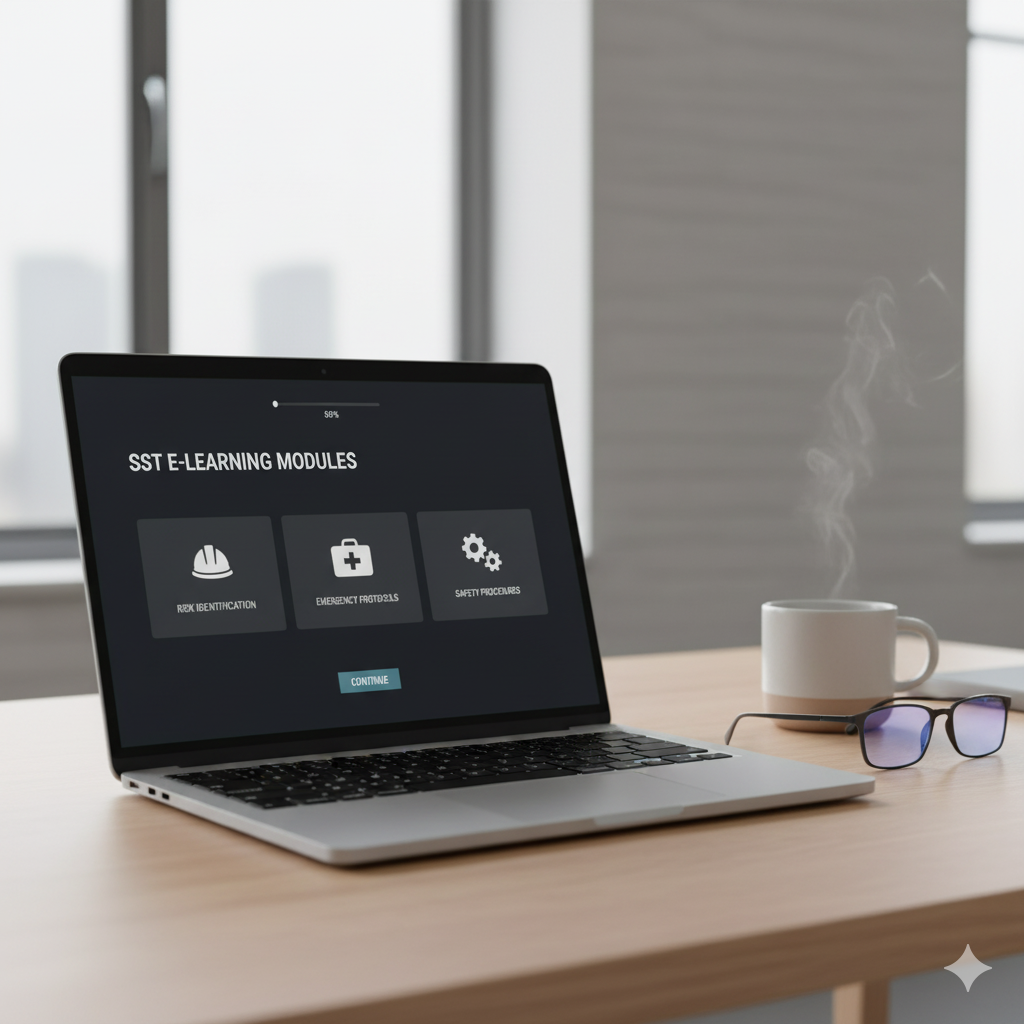 Employé suivant un module e-learning SST sur ordinateur portable dans le cadre d’une formation blended à Bordeaux.