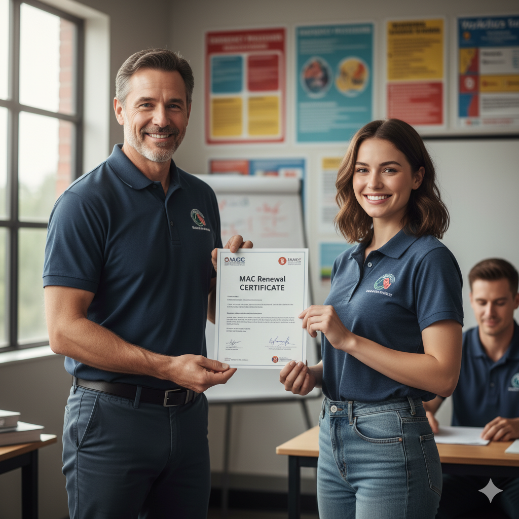 Formateur SST remettant une attestation MAC de renouvellement à un participant après une formation de mise à niveau à Bordeaux.