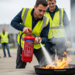 Gros plan sur un salarié manipulant un extincteur lors d’un atelier pratique de formation incendie en extérieur
