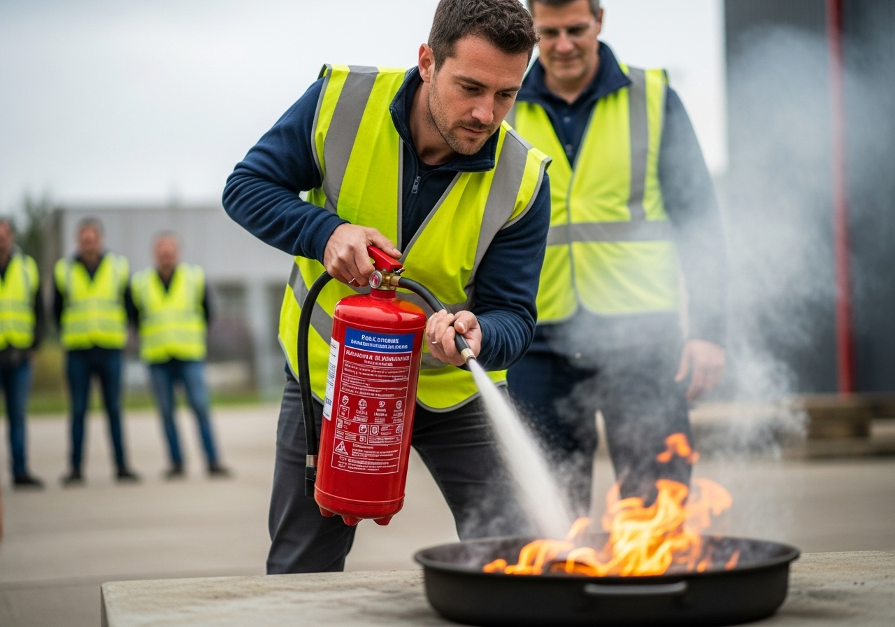 Gros plan sur un salarié manipulant un extincteur lors d’un atelier pratique de formation incendie en extérieur