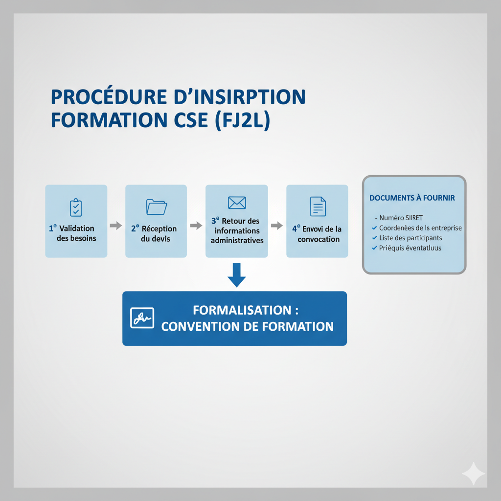 Infographie montrant les étapes de la procédure d’inscription à une formation CSE FJ2L et les documents requis comme le SIRET et la liste des participants.