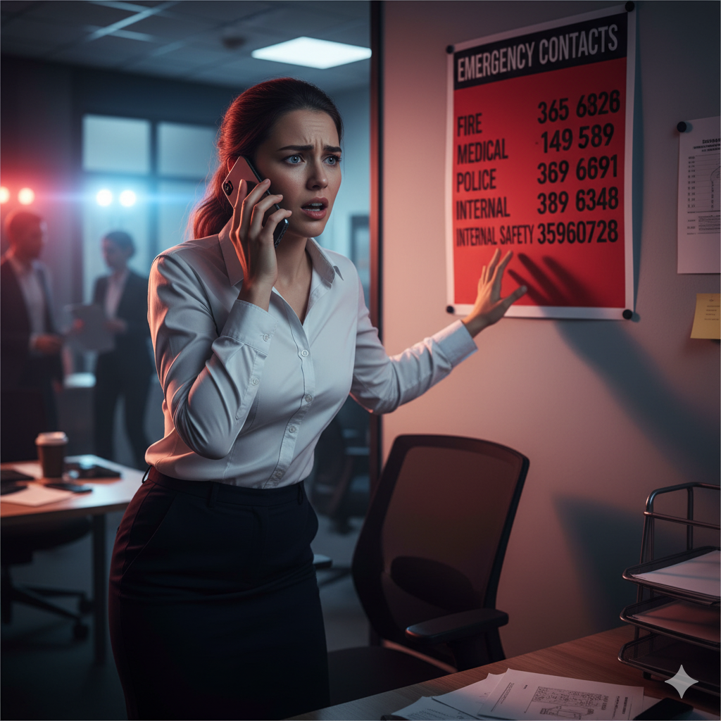 Simulation d’une alerte d’urgence avec affichage des numéros 15, 18, 112 pendant un exercice de secourisme en entreprise.