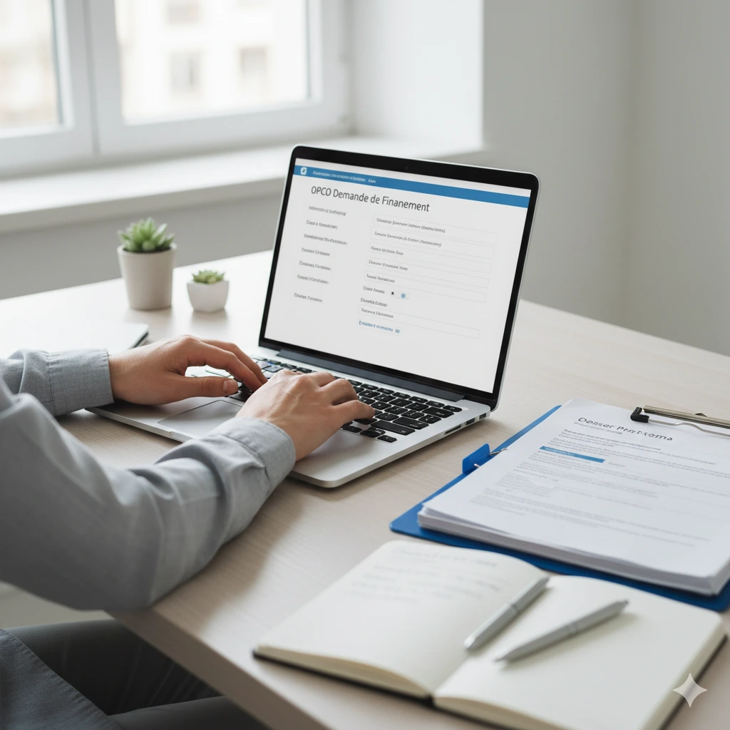 membre du CSE remplissant en ligne une demande de financement OPCO sur ordinateur portable avec documents officiels