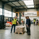 Groupe de manutentionnaires en formation écoutant un instructeur dans un entrepôt à Bordeaux