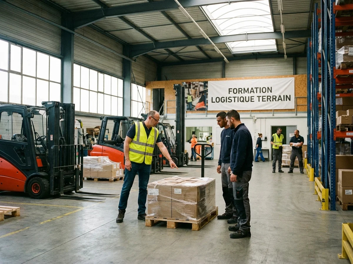 Groupe de manutentionnaires en formation écoutant un instructeur dans un entrepôt à Bordeaux