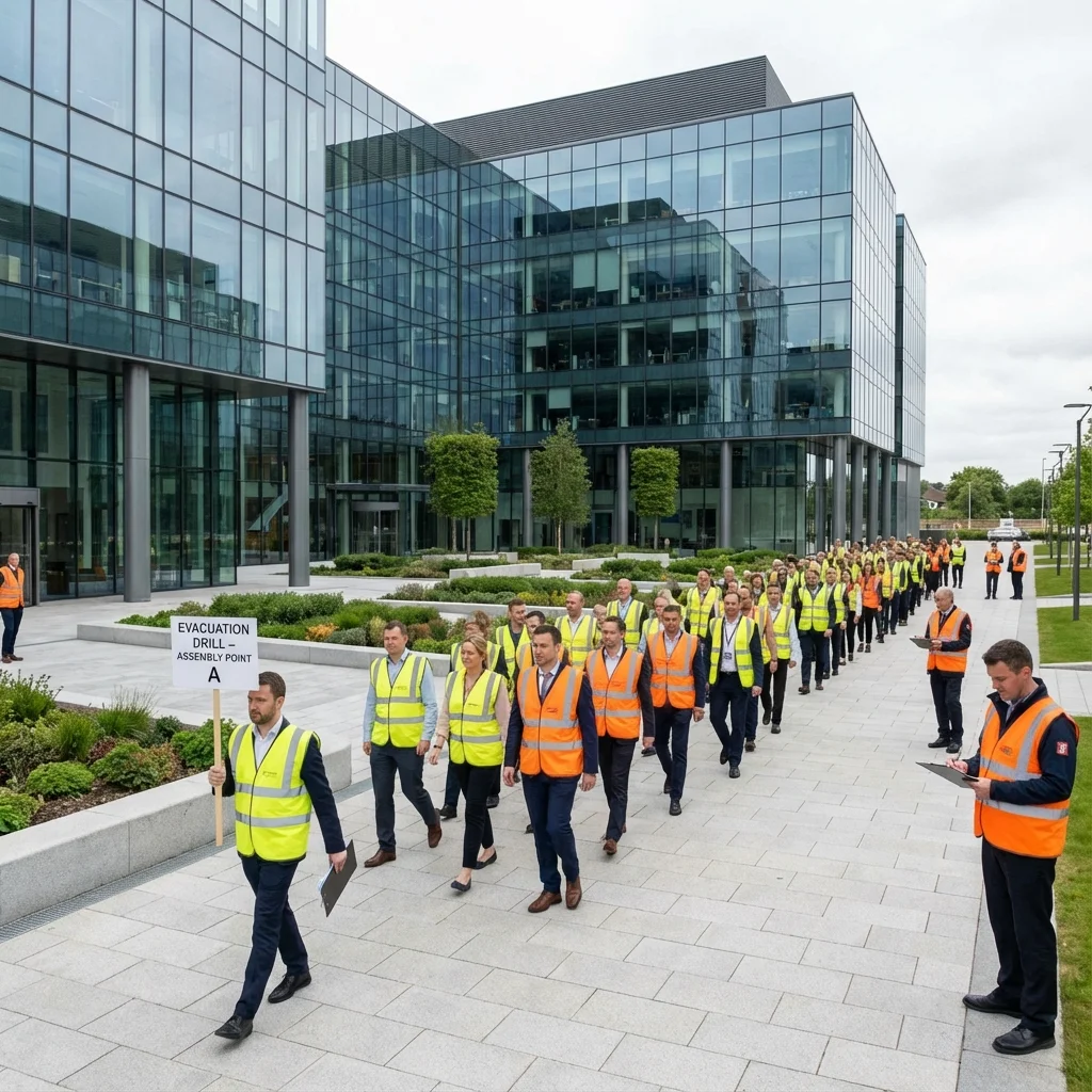 Groupe d'employés portant des gilets fluorescents et des casques participant à un exercice d'évacuation organisé devant un immeuble de bureaux à Bordeaux