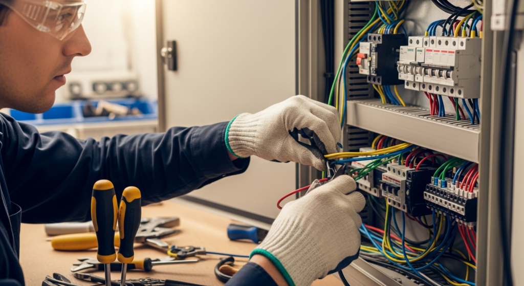 Formation habilitation électrique BS Bordeaux - Électricien effectuant un raccordement sur un tableau électrique
