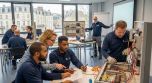Formation habilitation électrique BS obligatoire - Stagiaire équipé d'EPI manipulant une armoire électrique basse tension à Libourne