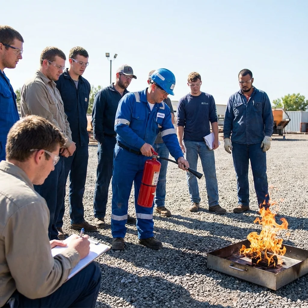 Démonstration pratique d'utilisation d'un extincteur sur un bac à feu par un formateur sécurité devant des stagiaires équipés de protections