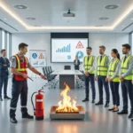 Groupe de salariés attentifs suivant une formation sécurité incendie théorique dans une salle de réunion moderne à Bordeaux avec un formateur expert
