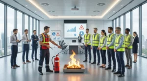 Groupe de salariés attentifs suivant une formation sécurité incendie théorique dans une salle de réunion moderne à Bordeaux avec un formateur expert