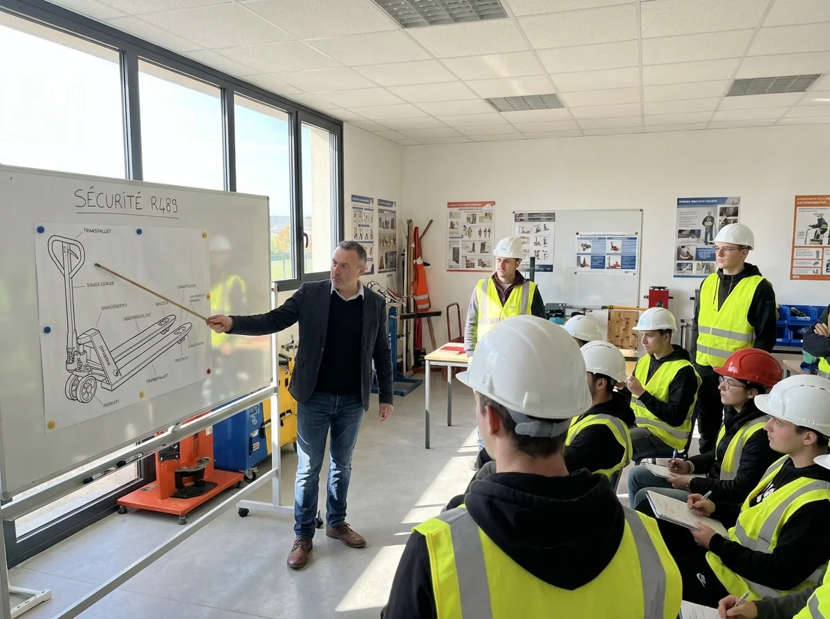 Formateur expliquant les consignes de sécurité sur un tableau blanc devant des caristes en formation théorique