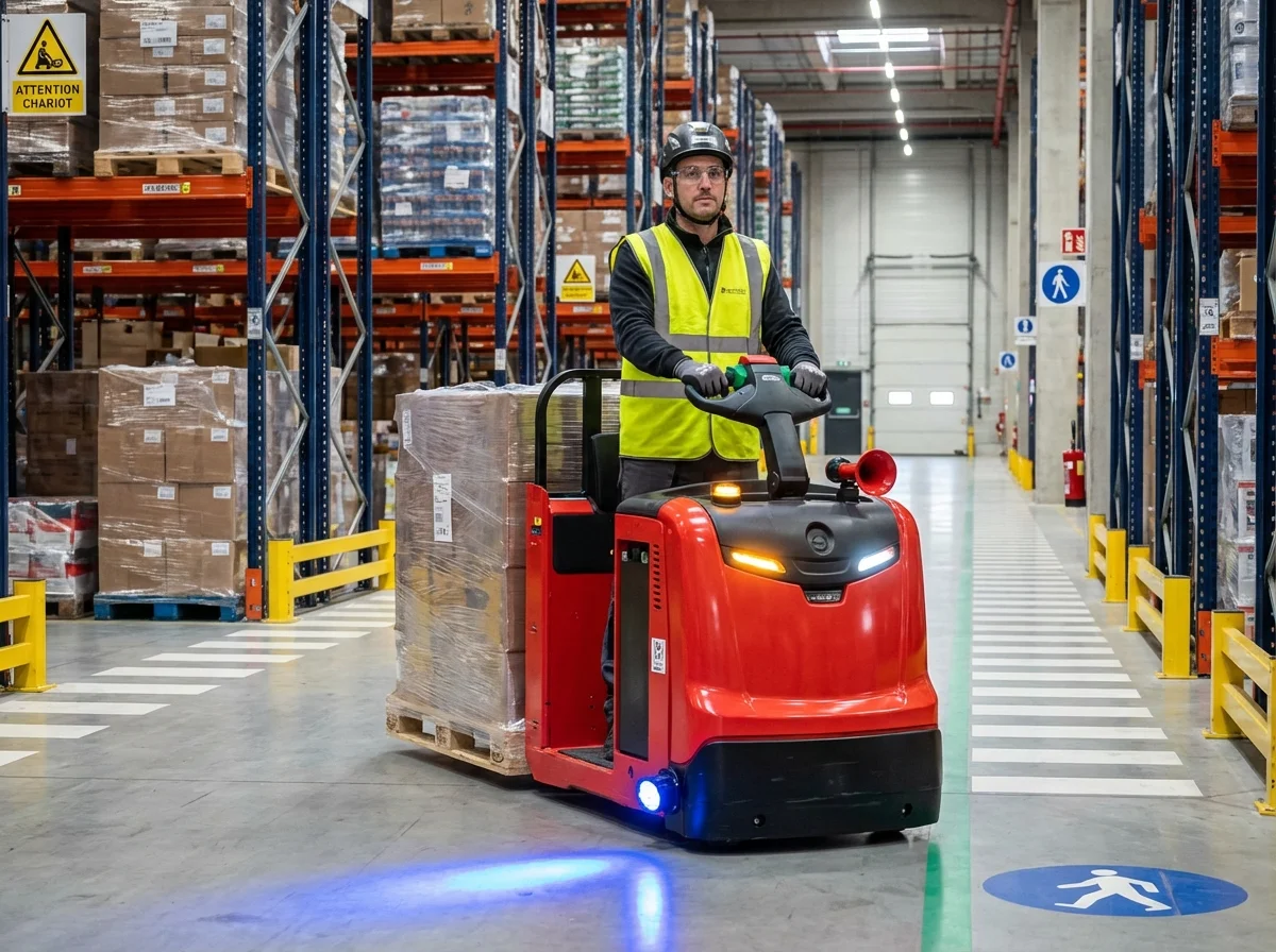 Opérateur logistique utilisant un transpalette à conducteur porté pour déplacer une palette dans un entrepôt moderne