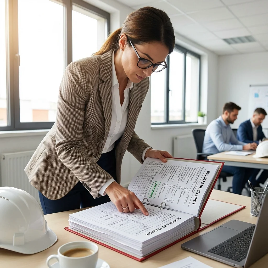 Un responsable sécurité consultant le registre de sécurité incendie de l'entreprise avec un air professionnel dans un bureau lumineux à Bordeaux