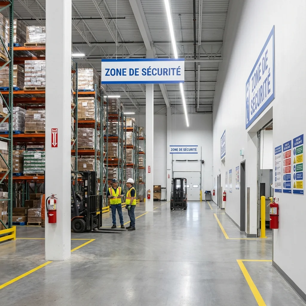 Illustration réaliste d'un entrepôt logistique moderne avec des zones de sécurité incendie clairement marquées et des extincteurs visibles conformes à la réglementation 2026