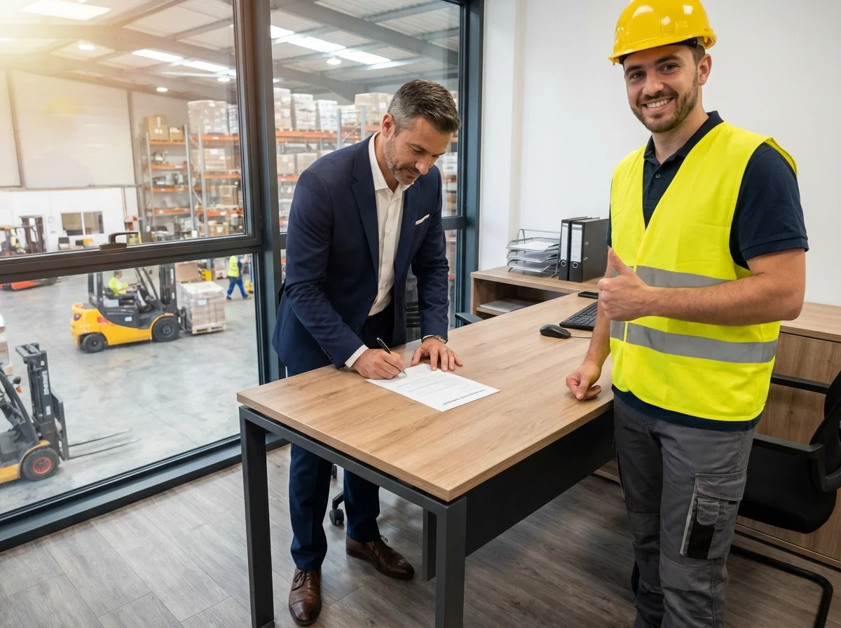 Chef d'entreprise signant une attestation de conduite chariots pour un employé après une formation sécurité logistique réussie