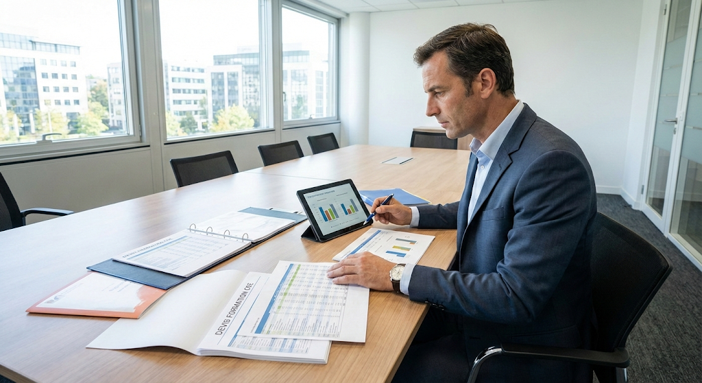 Un chef d'entreprise étudie plusieurs devis pour former ses salarié au CSE