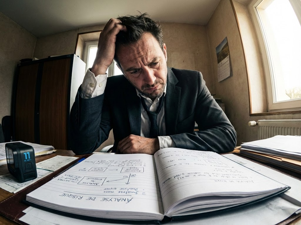 Un chef d'entreprise se gratte la tête facé à la rédaction d'analyse de risque sur un cahier - professional photography