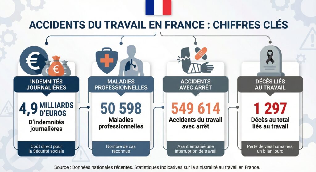 Une infographie des accident du travail en france : 4,9 milliards d'euros d'indemnités journalières 50 598 maladies professionnelles 549 614 accidents du travail avec arrêt