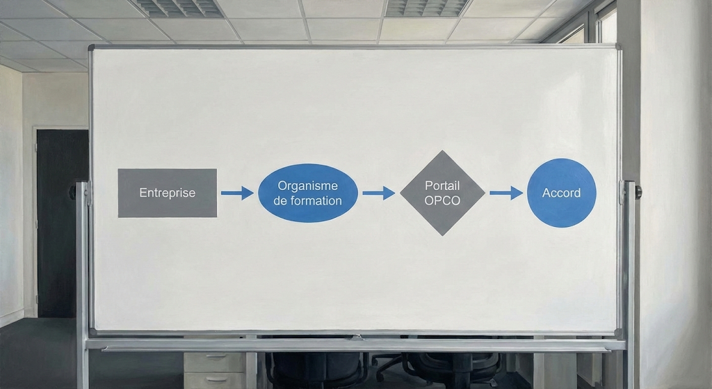 Diagramme technique, flux de travail de la demande OPCO : Entreprise -> Organisme de formation -> Portail OPCO -> Accord,