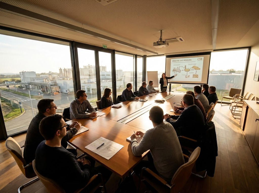 Des elus CSE suivent une réunion sur l'analyse des risques d'une entreprise d'industrielle alimentaire - professional