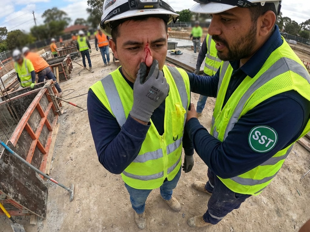 Un emplyé du batiment saigne du nez. Il se comprime le nez avec un doigt. A coté un employé avec le macaron SST lui parle -