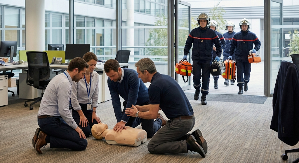 Des employé s'entraine au massage cardique dans des bureaux. AU loin les pompiers de france arrive en courant avec du