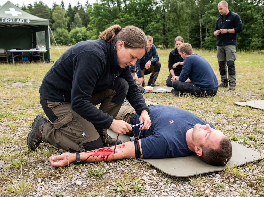Une femme effectue un garrot avec lacet et un stylo sur le saignemetn abondant d'un bras d'un homme lors d'un entrainement