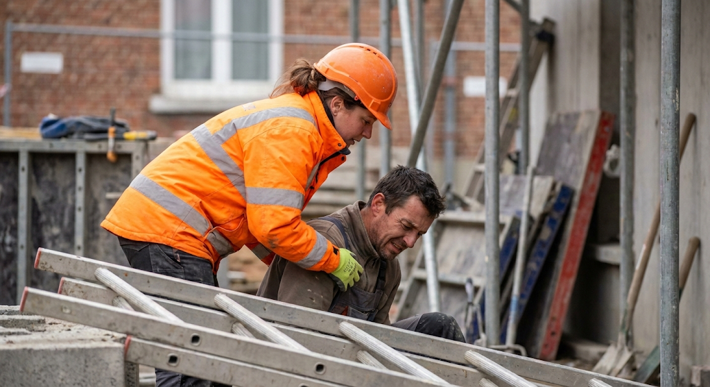 Une femme en tenu de chantier secoure un homme qui est tombé d'une échelle. Chantier de constrution de batiment en France