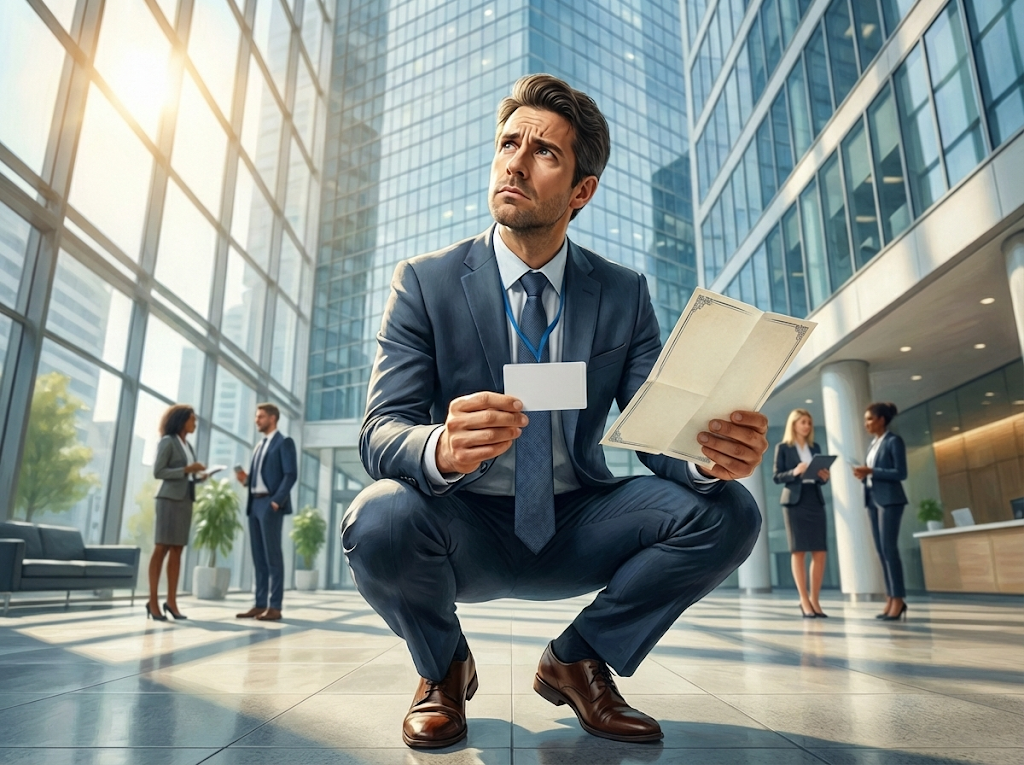 Un responsable RH tient une carte à la main. Il se pose des question sur la validité de son certificat - style Photorealist,