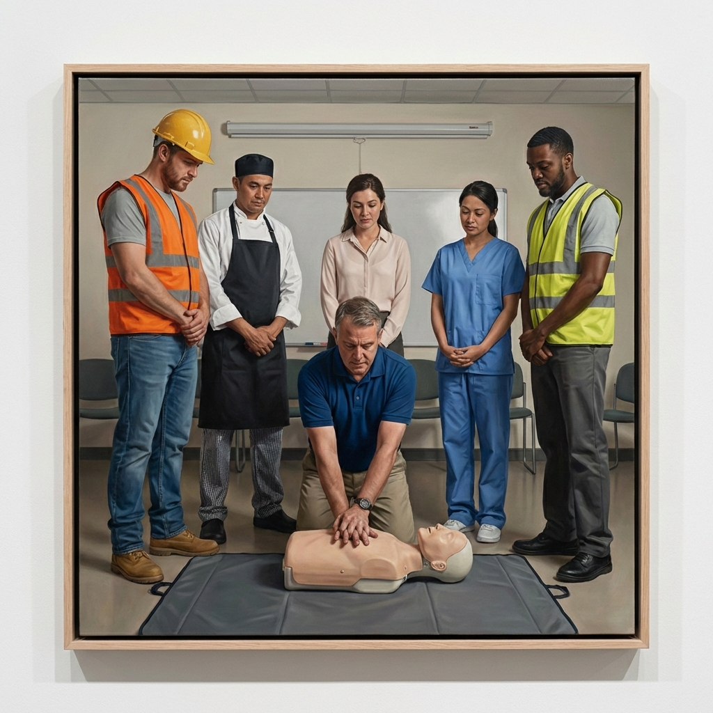 5 salariés de différents métier regarde un formateur pratiquer le massage cardiaque sur une mannequin d'entrainement