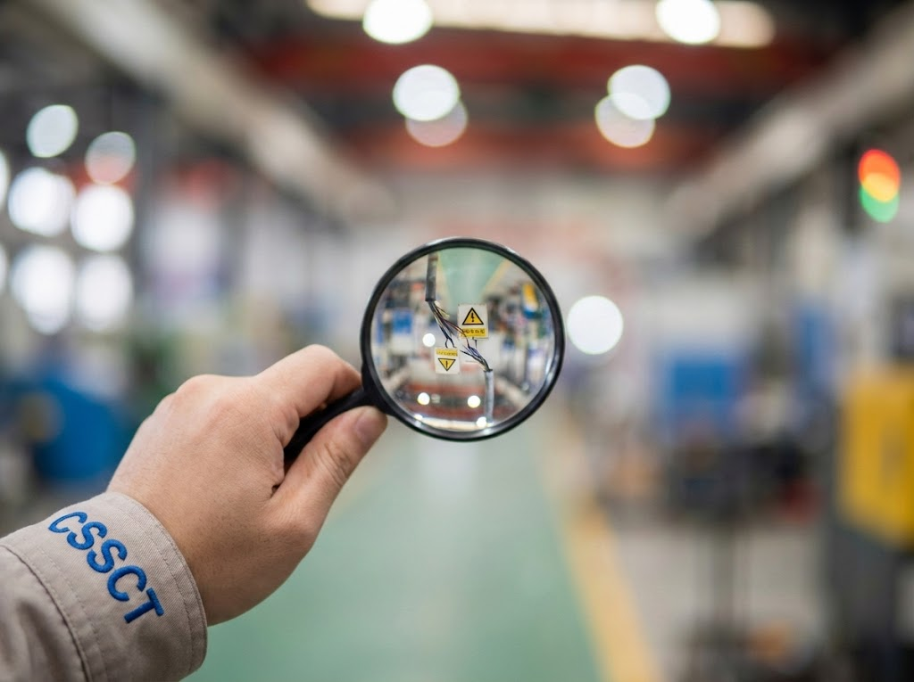 Une vue d'ensemble floue en arrière-plan, et au premier plan, une loupe tenue par une main (la CSSCT) qui rend une zone de